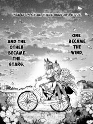  2girls animal_ears armband asymmetrical_footwear bicycle blush bouquet bow closed_eyes closed_mouth cloud couple dress ear_bow ear_ornament ear_ribbon english_text flower grass_wonder_(umamusume) greyscale hair_ornament highres holding holding_bouquet horse_ears horse_girl horse_tail jacket leaning_on_person long_hair long_sleeves mismatched_footwear monochrome multicolored_hair multiple_girls open_mouth outdoors pantyhose riding riding_bicycle sailor_collar sakanaflyer shirt short_hair short_sleeves sitting skirt sky smile special_week_(umamusume) tail tenkanosakana two-tone_hair umamusume vest wristband yuri 