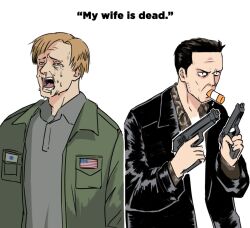  2boys american_flag beard black_jacket blonde_hair breast_pocket collared_jacket crossover crying crying_with_eyes_open dual_wielding english_text facial_hair gun highres holding holding_gun holding_weapon jacket james_sunderland max_payne max_payne_(character) max_payne_(remake) max_payne_(series) multiple_boys open_mouth pocket remake silent_hill_(series) silent_hill_2 silent_hill_2_(remake) simple_background tears teeth weapon white_background yblndr 