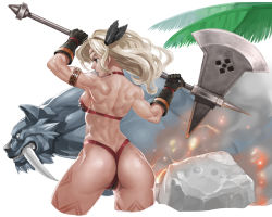  1girl amazon_(dragon&#039;s_crown) armlet armor armorkini ass back bikini bikini_armor blonde_hair circlet cropped_legs dragon&#039;s_crown feathers female_focus from_behind green_eyes halberd jewelry long_hair muscular muscular_female panties polearm red_bikini revision sabre_tiger solo swimsuit takoyaki_neko-san tattoo thong tiger underwear weapon 
