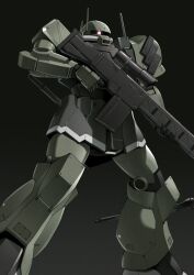  absurdres black_background commentary energy_gun glowing glowing_eye gun gundam highres holding holding_gun holding_weapon magazine_(weapon) mecha mecha_focus mobile_suit no_humans one-eyed original radio_antenna red_eyes redesign rifle robot science_fiction scope sniper_rifle solo standing sturm_faust takahashi_masaki weapon zaku_ii 