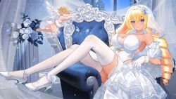  1girl animal_ears blonde_hair blue_eyes breasts bridal_veil cherub choker cleavage closed_mouth dress drill_hair flower gloves grey_shoes hair_between_eyes high_heels highres large_breasts long_hair lop_rabbit_ears mikoosoo on_chair rabbit_ears rose shibi_cottonbum shoes smile solo strapless strapless_dress thighhighs twin_drills vallure veil virtual_youtuber white_choker white_dress white_flower white_gloves white_rose white_thighhighs ych_commission 