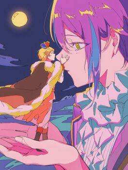  2boys aqua_hair arms_up ascot black_boots blonde_hair boots cape closed_eyes cloud cloudy_sky commentary eyelashes fingernails full_moon fur-trimmed_cape fur_trim gag1tdiucvpteok hair_behind_ear hand_on_another&#039;s_face hashtag-only_commentary highres holding jacket kamishiro_rui kiss kissing_nose lapels looking_at_another male_focus mini_person miniboy moon multicolored_hair multiple_boys night night_sky open_clothes open_jacket pants parted_bangs parted_lips profile project_sekai purple_hair purple_jacket red_cape shirt short_hair sky streaked_hair suit_jacket tenma_tsukasa white_ascot white_fur white_pants white_shirt yaoi yellow_eyes 