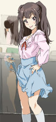 10s 1girl :p black_hair blush clothes_lift female_focus hand_on_own_hip kneehighs lifting_own_clothes mirror ninomiya_hitomi_(wake_up_girls!) panties pantyshot purple_eyes reflection ribbon skirt skirt_lift socks solo tongue tongue_out two_side_up umanosuke underwear wake_up_girls! wake_up_girls!_stage_no_tenshi white_socks rating:Sensitive score:28 user:danbooru