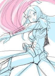 1girl armor armored_boots armored_gloves armored_leotard boots breasts digimon digimon_(creature) female_focus fur_collar hudiemon leotard long_hair looking_at_another medium_breasts open_mouth ph6xeivbgpimggg shoulder_armor skirt slashing spread_legs