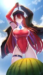  1girl arms_up black_hat black_jacket blindfold blue_fire blue_hair blue_sky breasts closed_mouth cloud colored_inner_hair commentary competition_swimsuit covered_eyes cowboy_shot day earrings elizabeth_rose_bloodflame elizabeth_rose_bloodflame_(holonatsu_paradise) english_commentary fire food from_below fruit gluteal_fold hat highleg highleg_one-piece_swimsuit highres holding holding_stick hololive hololive_english jacket jewelry large_breasts long_hair long_sleeves multicolored_hair official_alternate_costume one-piece_swimsuit open_clothes open_jacket outdoors paw_chie peaked_cap red_hair red_one-piece_swimsuit signature skindentation sky standing stick suikawari sunlight swimsuit thigh_strap two-tone_hair very_long_hair virtual_youtuber watermelon 