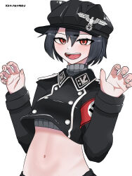  1girl :d black_hair blush buttons collar_tabs crop_top double-breasted fang fingernails groin hair_between_eyes hands_up hat high_collar highres koalakanru long_sleeves midriff navel nazi open_clothes open_mouth peaked_cap reichsadler short_hair simple_background smile solo ss_insignia ss_uniform stomach sven_hoffmann swastika teeth tongue tongue_out twitter_username upper_body waffen-ss white_background world_war_ii 