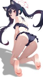  &gt;:( 1girl absurdres animal_ear_fluff animal_ears aqua_ribbon ass back bare_legs bare_shoulders barefoot bikini black_bikini black_hair blue_archive blush breasts c-r-carlos cat_ears cat_girl chinese_commentary closed_mouth commentary dot_nose extra_ears feet floating_hair frilled_bikini frills from_behind full_body hair_between_eyes hair_intakes hair_ribbon halo halterneck highres holding_own_arm kneeling kneepits legs long_hair looking_at_viewer looking_back median_furrow off-shoulder_bikini off_shoulder official_alternate_costume red_eyes red_halo ribbon serika_(blue_archive) serika_(swimsuit)_(blue_archive) shadow simple_background small_breasts soles solo swimsuit toes twintails v-shaped_eyebrows very_long_hair white_background 
