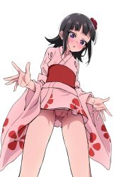  10s 191karasu 1girl :o bad_id bad_pixiv_id black_hair blunt_bangs blush female_focus from_below gluteal_fold hair_ornament highres japanese_clothes kiitarou_shounen_no_youkai_enikki kimono loli long_sleeves looking_down no_panties obi pink_kimono purple_eyes pussy sash short_hair short_kimono short_yukata simple_background solo suzu_(kiitarou) uncensored upskirt wide_sleeves yukata 