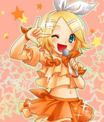  1girl ;d \m/ armpits blonde_hair blue_eyes blush bow commentary_request cowboy_shot detached_sleeves green_outline hair_ornament hairclip holding holding_microphone junji kagamine_rin microphone navel one_eye_closed open_mouth orange_background orange_bow orange_shirt orange_skirt orange_sleeves outline puffy_short_sleeves puffy_sleeves seikan_hikou shirt short_hair short_sleeves skirt sleeveless sleeveless_shirt smile solo sparkle star_(symbol) star_symbol_background tareme vocaloid 