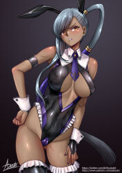  1girl adsouto animal_ears black_leotard breasts center_opening code_geass contrapposto covered_navel dark-skinned_female dark_skin fake_animal_ears frilled_leotard frilled_thighhighs frills grey_hair hand_on_own_hip hand_on_own_thigh highres large_breasts leotard long_hair necktie nontraditional_playboy_bunny orange_eyes parted_lips purple_necktie rabbit_ears shiny_clothes side_ponytail signature solo thighhighs variant_set very_long_hair villetta_nu wrist_cuffs 