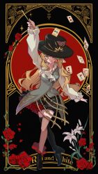  1girl ;q aisu_(ahono_ice) ankle_boots arm_up asymmetrical_footwear black_background black_boots black_hat black_shorts boots border brown_eyes brown_hair card english_text flower full_body grey_thighhighs grey_vest hat highres holding holding_wand long_hair long_sleeves melania_(reverse:1999) monocle official_alternate_costume one_eye_closed ornate_border outside_border playing_card red_flower red_rose reverse:1999 rose shirt shorts single_thigh_boot single_thighhigh solo thigh_boots thighhighs tongue tongue_out top_hat uneven_footwear vest wand white_shirt yellow_border 