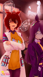  2girls agnes_tachyon_(umamusume) animal_ears ax4ntii belt black_belt black_coat black_eyeliner black_necktie black_pantyhose black_shirt black_skirt brown_hair closed_mouth coat collared_shirt cork crossed_bangs ear_tag earrings eyeliner frown giving_up_the_ghost hair_between_eyes hair_over_one_eye highres holding holding_test_tube horse_ears horse_girl horse_tail jewelry lab_coat long_bangs looking_at_another lying makeup manhattan_cafe_(umamusume) multiple_girls necktie on_back on_ground open_clothes open_coat open_mouth pantyhose pleated_skirt purple_hair red_eyes shirt short_hair short_necktie single_earring skirt smile speech_bubble sweatdrop sweater tail test_tube turn_pale umamusume white_coat wide-eyed yellow_eyes yellow_necktie yellow_sweater 