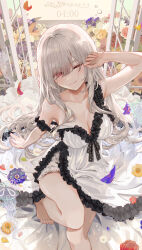  1girl ;) absurdres barefoot black_trim breasts cleavage closed_mouth collarbone dress flower foot_out_of_frame frilled_dress frills grey_hair hair_over_one_eye highres ito_lab jellyfish long_hair medium_breasts one_eye_closed original red_eyes smile solo white_dress  rating:Sensitive score:6 user:danbooru