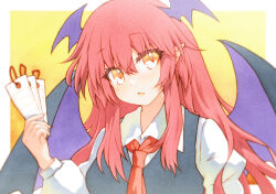  1girl bat_wings black_vest blush collared_shirt fang hair_between_eyes highres koakuma long_hair looking_at_viewer neckerchief open_mouth orange_eyes pointy_ears red_hair red_neckerchief rinka_(qqqrinkappp) shirt skin_fang solo touhou upper_body vest white_shirt wings 
