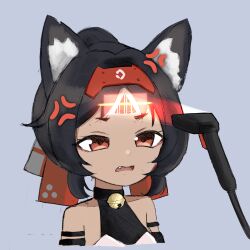 1girl anger_vein animal_ear_fluff animal_ears barcode barcode_scanner barcode_tattoo bell black_hair breasts cat_ears cat_girl commentary detached_sleeves facing_viewer fang from_side hair_ribbon hairband highres metal_hairband midorihazu neck_bell nekomiya_mana open_mouth red_eyes ribbon short_hair simple_background small_breasts solo tattoo upper_body zenless_zone_zero 