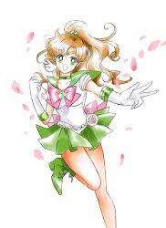  1girl bishoujo_senshi_sailor_moon bow bowtie breasts brown_hair cherry_blossoms choker circlet cleavage collarbone floating_hair gloves green_choker green_eyes green_sailor_collar green_shoes green_skirt grin highres kino_makoto long_hair looking_at_viewer miniskirt pink_bow pink_bowtie ponytail sailor_collar sailor_jupiter sailor_senshi_uniform sailor_shirt shirt shoes simple_background skirt small_breasts smile solo standing usadapan1005 very_long_hair white_background white_gloves white_shirt 