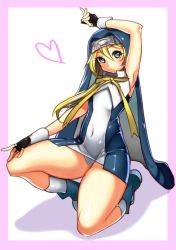 1boy arc_system_works arm_up armpits blonde_hair blue_eyes blush bridget_(guilty_gear) bulge covered_navel cross crossdressing crossdressing_(mtf) fingerless_gloves gloves guilty_gear habit hat heart hip_focus kneeling male_focus navel nun panties ribbon short_hair sidelocks simple_background socks solo striped_clothes striped_panties thick_thighs thighs trap underwear wadani_hitonori white_background wide_hips wrist_cuffs rating:Sensitive score:86 user:BlueBaroness
