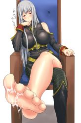  ._(pixiv2258768) 00s 1girl bare_shoulders barefoot blush breasts chair crossed_legs cum cum_on_body cum_on_lower_body feet female_focus highres large_breasts long_hair military military_uniform pantyhose red_eyes selvaria_bles senjou_no_valkyria senjou_no_valkyria_(series) senjou_no_valkyria_1 silver_hair sitting solo white_background 