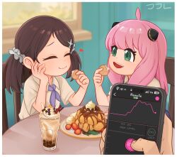  1other 2024 2girls ahoge anya_(spy_x_family) becky_blackbell blush brown_hair cellphone closed_eyes dessert food fruit hairpods happy hetero highres ice_cream jjl loli long_hair multiple_girls oscarlllll overalls phone pink_hair remote_control_vibrator sex_toy shirt short_twintails sitting smile spy_x_family strawberry twintails vibrator 