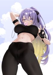 1girl absurdres alternate_costume arm_strap arm_up black_gloves black_pants black_sports_bra blonde_hair blowing_bubbles breasts chewing_gum colored_inner_hair commentary commission crop_top english_commentary fingerless_gloves from_below gloves gluteal_fold gradient_eyes gradient_hair high_ponytail highres hololive hololive_indonesia large_breasts long_hair looking_at_viewer moona_hoshinova multicolored_eyes multicolored_hair navel outdoors pants ponytail purple_eyes purple_hair raikkonen sky solo sports_bra standing starry_hair stomach sweat two-tone_hair v very_long_hair virtual_youtuber yellow_eyes rating:Sensitive score:32 user:danbooru