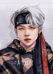  1boy absurdres bangtan_boys commentary earrings eyeshadow headband highres hood hoodie jewelry k-pop makeup male_focus mascara parted_lips real_life reiz.i short_hair signature solo suga_(bts) symbol-only_commentary upper_body white_hair 