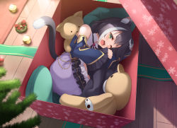 1girl animal_ear_fluff animal_ears bare_shoulders black_hair blue_sleeves blush cat_ears cat_girl cat_tail commentary detached_sleeves fang green_eyes indoors karyl_(princess_connect!) long_hair long_sleeves looking_at_viewer low_twintails mofu_namako multicolored_hair no_shoes one_eye_closed open_mouth princess_connect! purple_skirt shirt skirt sleeveless sleeveless_shirt solo streaked_hair stuffed_animal stuffed_toy tail teddy_bear thighhighs twintails white_hair rating:Sensitive score:21 user:danbooru
