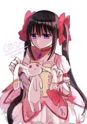  akemi_homura black_hair bubble_skirt cosplay gloves highres kaname_madoka kaname_madoka_(cosplay) kyubey long_hair magical_girl mahou_shoujo_madoka_magica purple_eyes rairai_(light) short_sleeves skirt twintails very_long_hair white_background white_gloves 