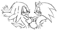  2boys animal_ears animal_nose blush fishsoof from_side furry furry_male gloves hands_on_another&#039;s_arms hedgehog_boy knuckles_the_echidna male_focus multiple_boys open_mouth sketch smile sonic_(series) sonic_the_hedgehog sweat tail tail_wagging 