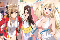  10s 3girls :d absurdres aiguillette amagi_brilliant_park antenna_hair bare_shoulders black_hair blonde_hair blue_eyes blush bow breasts brown_eyes brown_hair cleavage collarbone covering_breasts covering_privates dress flower hair_bow hair_flower hair_intakes hair_ornament hair_ribbon hair_tubes highres koborii_(amaburi) large_breasts locker locker_room long_hair long_sleeves looking_at_viewer megami_magazine multiple_girls off_shoulder official_art open_clothes open_mouth open_shirt ponytail ribbon scan sento_isuzu shirt skirt smile sylphy_(amaburi) takemoto_yasuhiro thighhighs topless_female twintails two_side_up undressing uniform untied white_legwear wrist_cuffs 