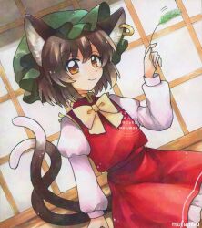  1girl animal_ear_piercing animal_ears animal_hat artist_name bow bowtie brown_eyes brown_hair cat_ears cat_tail chen closed_mouth commentary dated earrings frilled_skirt frills green_hat hat holding_cat_teaser hoop_earrings jewelry long_sleeves maa_(forsythia1729) medium_hair mob_cap multiple_tails nekomata red_skirt red_vest shouji single_earring sitting skirt sliding_doors smile solo tail touhou traditional_media twitter_username two_tails vest watermark yellow_bow yellow_bowtie 