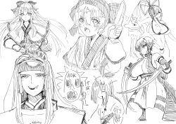2boys 5girls ainu_clothes annoyed archery bikini blood blood_in_mouth breasts cleavage closed_eyes crossover fingerless_gloves gloves hair_ribbon half-closed_eyes highres japanese_clothes large_breasts legs long_hair majikina_mina miko monochrome mudman_(world_heroes) multiple_boys multiple_girls nakoruru navel rashoujin_mizuki ribbon rimururu samurai_spirits sarong serious shiki_(samurai_spirits) siblings sisters sketch small_breasts smile snk swimsuit tachibana_ukyou thick_thighs thighs thong_bikini toned traditional_media world_heroes