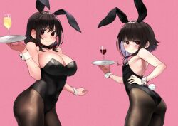  2girls alcohol alternate_costume animal_costume animal_ears ass ass_focus bare_arms bare_shoulders black_bow black_bowtie blush bow bowtie braid breasts brown_hair champagne cleavage closed_mouth covered_navel cowboy_shot crown_braid cup drinking_glass fake_animal_ears from_behind glass hair_between_eyes hair_bow hand_on_own_hip holding holding_tray izawa_(bhive003) kono_subarashii_sekai_ni_shukufuku_wo! large_breasts leotard long_hair looking_at_viewer medium_hair megumin multiple_girls nervous_smile open_mouth pantyhose pink_background rabbit_costume rabbit_ears rabbit_tail red_bow red_eyes revision shiny_clothes shiny_skin sidelocks simple_background smile solo thick_thighs thighs third-party_edit tray wine wine_glass wrist_cuffs yunyun_(konosuba)  rating:General score:62 user:Jitoryohmaster