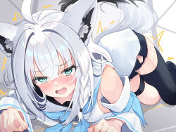  animal_ears bare_shoulders blue_neckerchief breasts fox_ears fox_girl fox_tail green_eyes hair_between_eyes highres hololive long_hair neckerchief shiki_olie shirakami_fubuki single_thighhigh small_breasts tail thighhighs thighs white_hair white_tail 