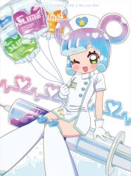  1girl ;d blue_hair boots dress gloves green_eyes hair_rings hat highres intravenous_drip monster_girl nurse nurse_cap official_art one_eye_closed open_mouth oversized_object puniru_(puniru_wa_kawaii_slime) puniru_wa_kawaii_slime purple_hair short_dress sitting slime_girl slime_hair smile solo syringe thigh_boots white_boots white_dress white_gloves 