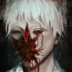  1boy album_cover_redraw body_horror collared_shirt commentary_request deep_wound derivative_work highres hikaru_ga_shinda_natsu horror_(theme) indou_hikaru injury madra_(album) male_focus portrait red_pupils shirt short_hair solo white_hair white_shirt zaos_art 