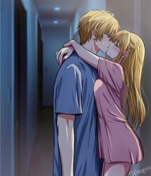 1boy 1girl absurdres asgykk blonde_hair blue_eyes blue_shirt blush breasts brother_and_sister closed_eyes commentary_request cowboy_shot door french_kiss from_side hair_between_eyes hallway hetero highres hoshino_aquamarine hoshino_ruby hug incest indoors kiss long_hair looking_at_another medium_breasts one_side_up oshi_no_ko pink_shirt profile shirt short_hair short_sleeves siblings sidelocks sweatdrop twincest twins twitter_username rating:Sensitive score:267 user:danbooru