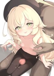  1boy 1girl :p absurdres arm_up black_hat black_pantyhose blonde_hair blue_archive breasts censored clothed_female_nude_male completely_nude dark-skinned_male dark_skin erection green_eyes groin hat head_out_of_frame highres loli long_hair mosaic_censoring navel nipple_stimulation nipple_tweak nipples no_panties nude pantyhose penis precum precum_string professor_niyaniya_(blue_archive) senifu sitting sitting_on_lap sitting_on_person small_breasts smile thigh_sex thighs tongue tongue_out topless_female 
