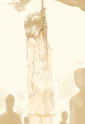  1girl 5boys arms_at_sides asphyxiation bare_arms bare_legs cowboy_shot death execution faceless faceless_male from_behind hanged long_hair mao_ling_dang monochrome multiple_boys noose outdoors peeing peeing_self petite public_indecency rope skinny strap_slip suspension  rating:Questionable score:79 user:deviantor