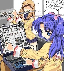  2girls black_skirt black_undershirt blue_eyes breasts brown_hair clannad closed_eyes closed_mouth commentary_request curtained_hair expressionless flute from_behind hair_bobbles hair_ornament holding holding_flute holding_instrument ichinose_kotomi indoors instrument keyboard_(instrument) large_breasts long_hair long_sleeves looking_at_viewer looking_back lowres miniskirt miyazawa_yukine multiple_girls music musical_note oekaki playing_instrument pleated_skirt purple_hair sailor_collar school_uniform serafuku shirt skirt sleeve_cuffs speech_bubble synthesizer toshi_(little-fluffy-cloud) two_side_up white_sailor_collar yellow_shirt 
