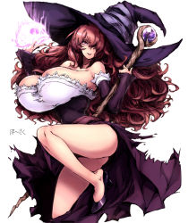 1girl bare_shoulders breasts brown_eyes brown_hair bursting_breasts detached_sleeves dragon&#039;s_crown dress female_focus hair_over_one_eye hat hat_over_one_eye highres huge_breasts kneeling legs long_hair one_eye_covered shoe_dangle side_slit skull solo sorceress_(dragon&#039;s_crown) staff strapless strapless_dress thighs torn_clothes whoosaku witch witch_hat rating:Questionable score:80 user:danbooru