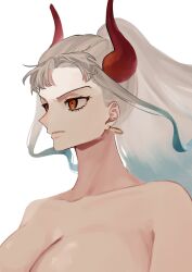  1girl breasts cleavage earrings gradient_hair grey_hair highres horns jewelry large_breasts long_hair multicolored_hair ngo_flamingo one_piece orange_eyes parted_lips red_horns simple_background solo topless_female white_background yamato_(one_piece) 