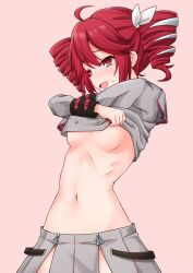  1girl :d aatsu blush breasts buttons clothes_lift crossed_arms double-breasted drill_hair facing_viewer fang grey_jacket grey_skirt groin hair_between_eyes hair_ribbon hands_up hip_focus jacket jacket_lift kasane_teto kasane_teto_(sv) lifting_own_clothes light_smile long_sleeves looking_down medium_breasts medium_hair midriff navel no_bra no_panties open_mouth petite pleated_skirt red_eyes red_hair ribbon side_slit skirt smile solo synthesizer_v twin_drills twintails underboob undressing utau white_ribbon  rating:Sensitive score:39 user:danbooru