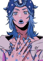 1boy beanie blue_eyes blue_hair blue_hat blue_nails blue_theme grey_hoodie hands_on_own_chest hat highres hood hood_down hoodie horseshoe_hat_ornament horseshoe_ornament jj7_yuki johnny_joestar jojo_no_kimyou_na_bouken looking_at_viewer male_focus medium_hair open_mouth solo star_(symbol) star_print steel_ball_run teeth 