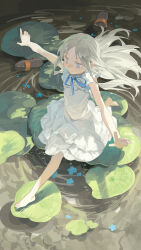  1girl absurdres ano_hi_mita_hana_no_namae_wo_bokutachi_wa_mada_shiranai. bare_arms blue_eyes blue_ribbon dress flower highres honma_meiko long_hair lotus omurice_(304975636) outstretched_arms parted_bangs pond ribbon shoes sidelocks smile solo spread_arms unworn_shoes walking white_dress white_hair 