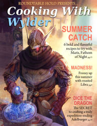  1girl 2boys armor blue_surcoat chibi chibi_inset cooking cover elden_ring elden_ring_nightreign elden_things english_text flower_wreath glowing glowing_eye green_hood head_wreath helmet holding holding_spoon ironeye_(elden_ring) magazine_cover maris_(elden_ring) multiple_boys oven_mitts revenant_(elden_ring) scale_armor signature spoon twitter_username upper_body veil white_veil winged_helmet wylder_(elden_ring) 