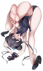  1girl absurdres anus armpits ass barefoot black_dress black_gloves black_hair black_shoes blue_archive blush breasts butterfly_hair_ornament chien_zero china_dress chinese_clothes clothing_aside commentary cum cum_in_mouth cum_in_pussy cum_on_body cum_on_feet double_bun dragon_print dress dress_aside gloves grey_eyes grey_halo hair_bun hair_ornament halo highres kisaki_(blue_archive) legs long_hair looking_at_viewer medium_breasts open_mouth pelvic_curtain pussy shoes simple_background sleeveless sleeveless_dress soles solo sweat toes twintails upside-down white_background 