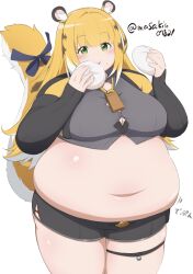 1girl animal_ear_fluff animal_ears belly black_shirt black_shorts blonde_hair blue_ribbon blush brown_hair button_gap colored_inner_hair crop_top eating fat fat_woman food food_on_face green_eyes holding holding_food ju_fufu long_hair masakin muffin_top multicolored_hair navel ribbon shirt short_shorts shorts solo standing steamed_bun tail tail_ornament tail_ribbon thigh_strap tiger_ears tiger_girl tiger_tail tight_clothes twitter_username white_background white_hair zenless_zone_zero
