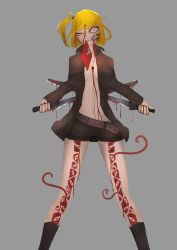  anderhorlo belt blonde_hair bullet_hole guro highres monster_girl open_clothes open_shirt short_shorts shorts side_ponytail stabbing_self teeth tentacles tsurumaki_maki weapon yuzuki_yukari  rating:Sensitive score:6 user:pokeball99