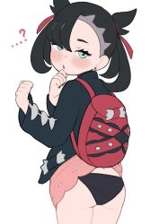  1girl :o absurdres asymmetrical_bangs backpack bag black_collar black_hair black_jacket black_nails black_panties blush clothes_lift collar commentary crybabyglo dress dress_lift earrings eyelashes from_behind green_eyes hair_ribbon hands_up highres jacket jewelry loli long_sleeves looking_at_viewer looking_back marnie_(pokemon) nail_polish nintendo panties pink_dress pokemon pokemon_swsh red_bag ribbon skirt_caught_on_object solo twintails underwear white_background  rating:Sensitive score:115 user:danbooru