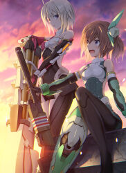  2girls ahoge alice_gear_aegis armor bare_shoulders blonde_hair bodysuit breasts brown_hair cloud elbow_gloves gloves gun hair_ornament highres holding holding_weapon kimikage_yui mecha_musume multiple_girls murao_mira open_mouth outdoors purple_eyes short_hair side_ponytail sitting sky smile sunset weapon zb_(dawn-blue) 